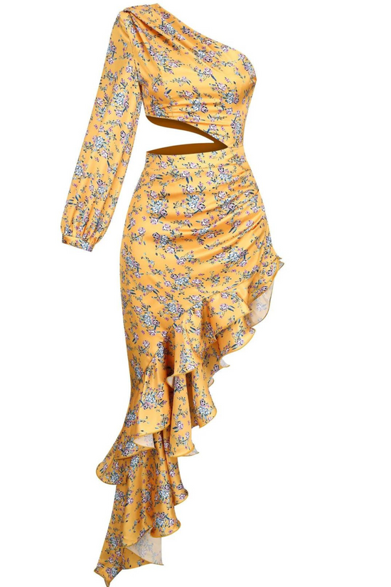 ROMI YELLOW ONE SHOULDER FLORAL MAXI DRESS