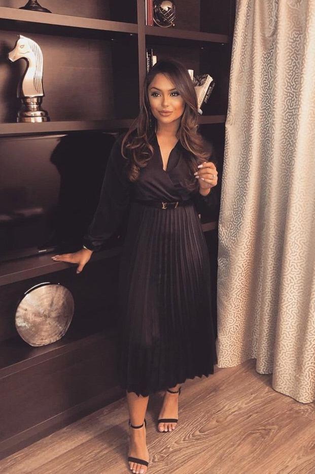 Womens Dresses Black Pleated Dress With Sleeves Womens Summer Wrap V Neck  Pleated Sleeves Layered Midi