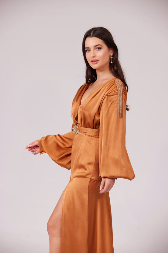 SABRINA GOLDEN CARAMEL V-Neck Slit Maxi Dress