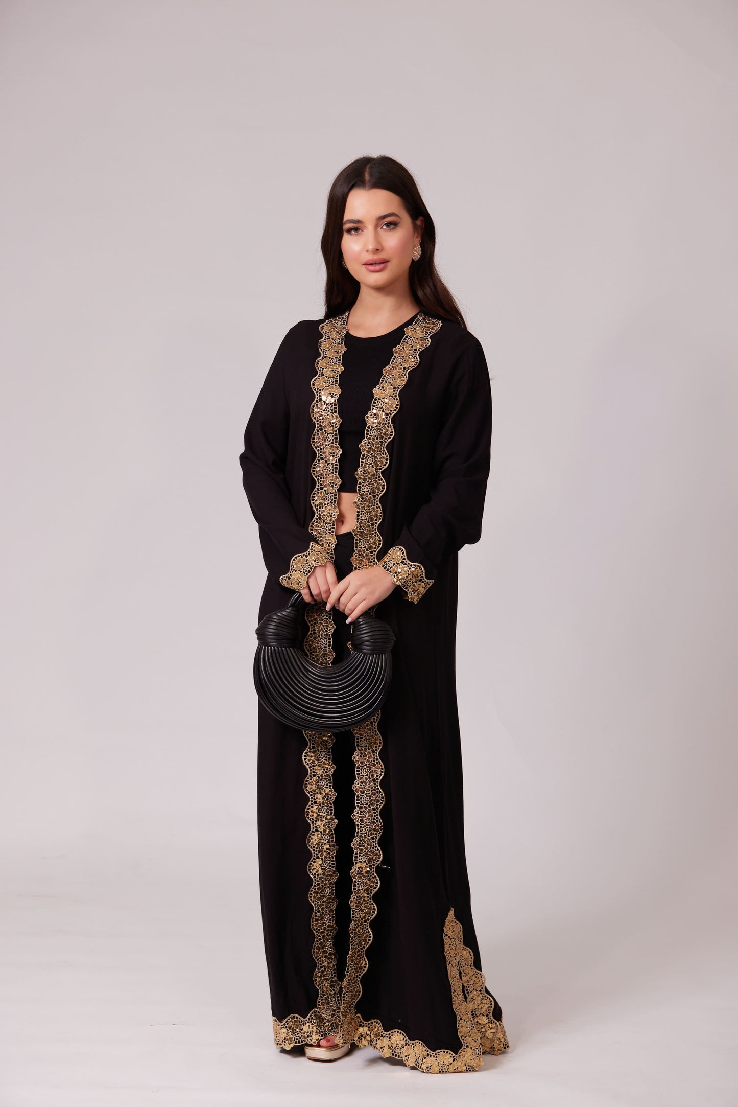 ALEEYAH BLACK  BELTED KIMONO WITH GOLD EMBROIDERY