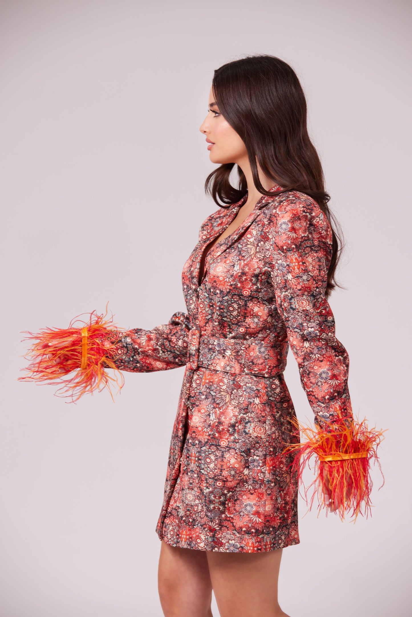 KARA BLAZER DRESS WITH FEATHERED ACCENTS