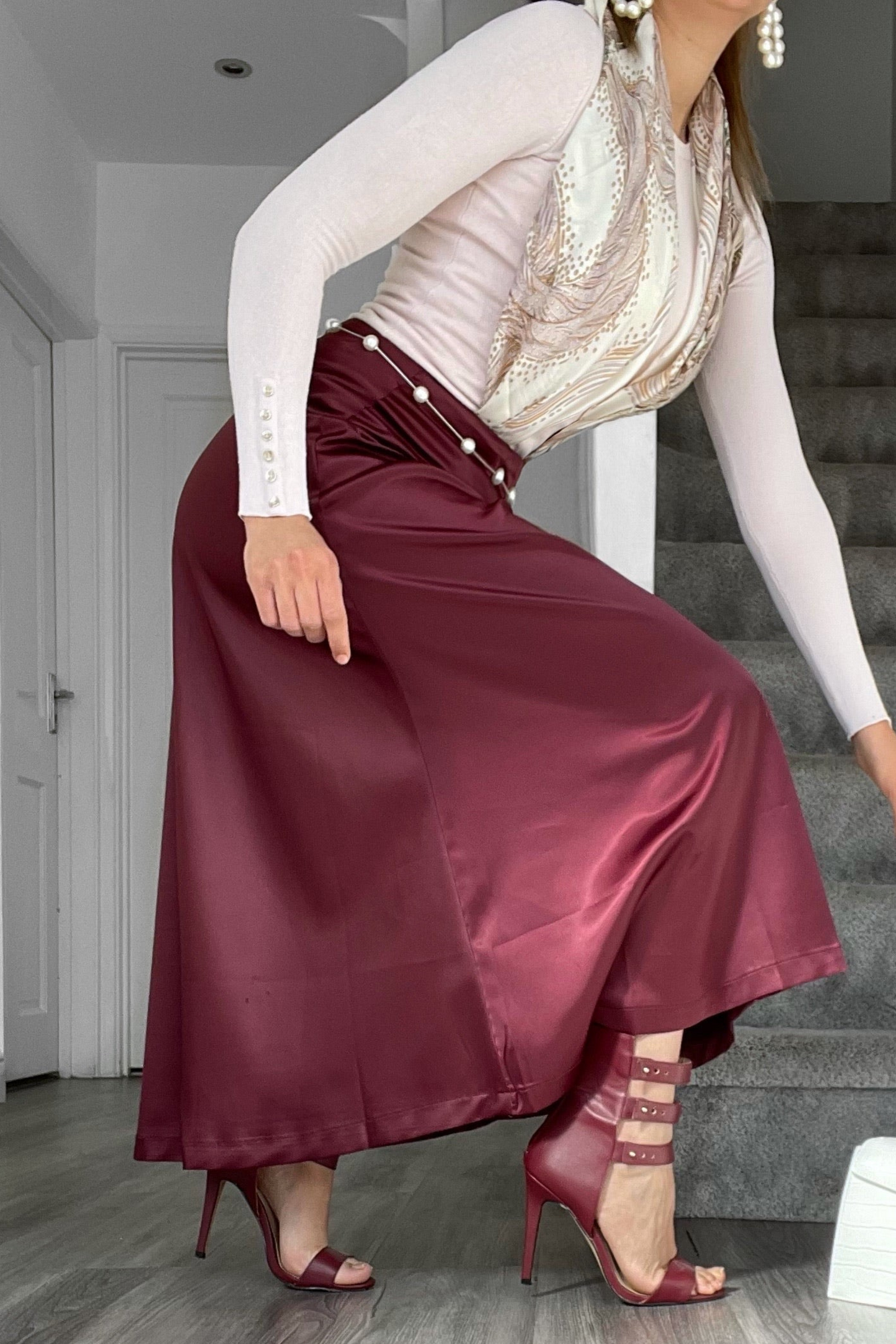 MERA BURGUNDY MAXI FLOWY SATIN SKIRT1