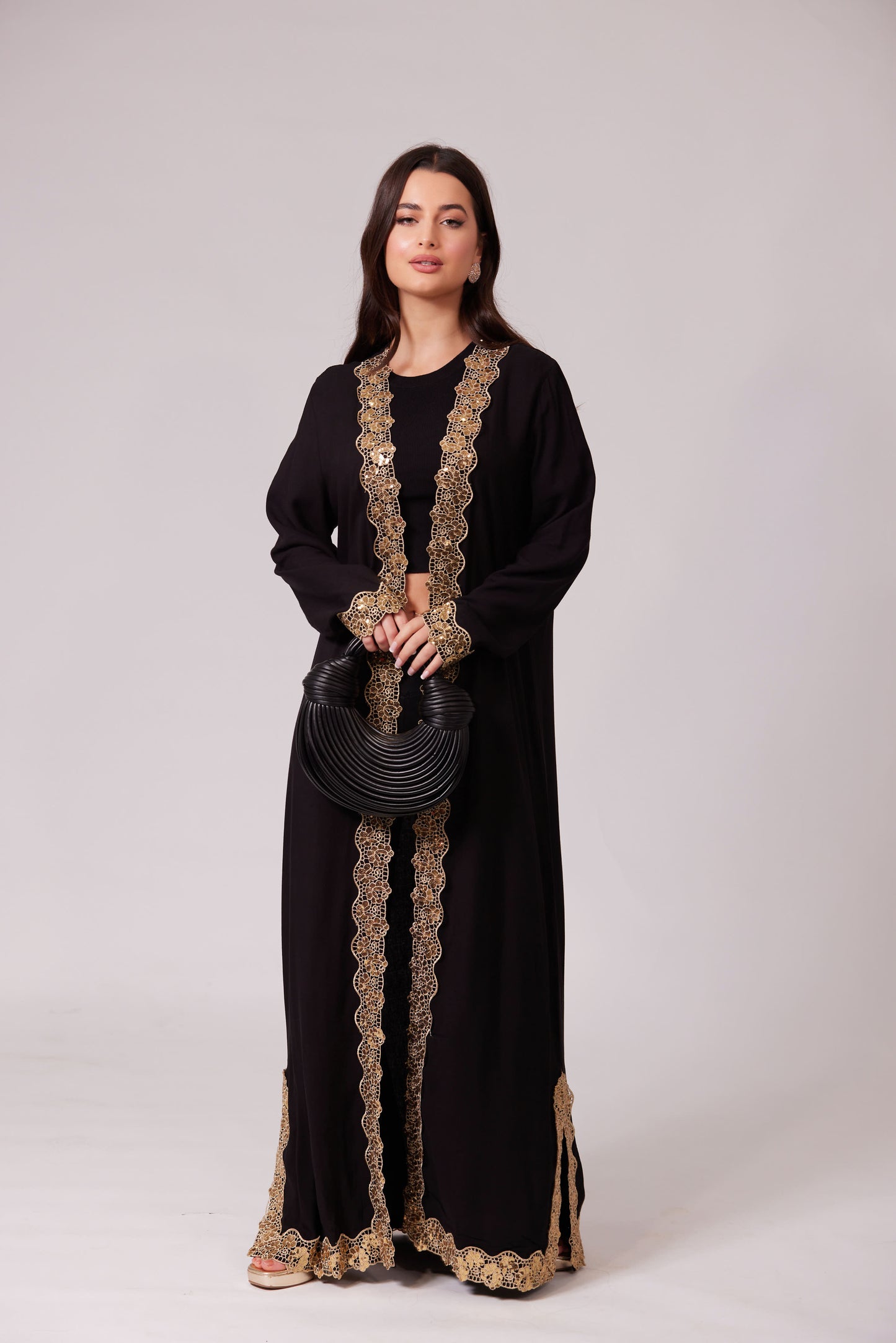 ALEEYAH BLACK  BELTED KIMONO WITH GOLD EMBROIDERY