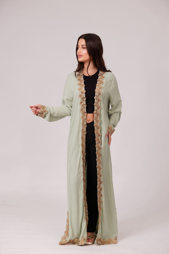 ALEEYAH MINT GREEN BELTED KIMONO WITH GOLD EMBROIDERY