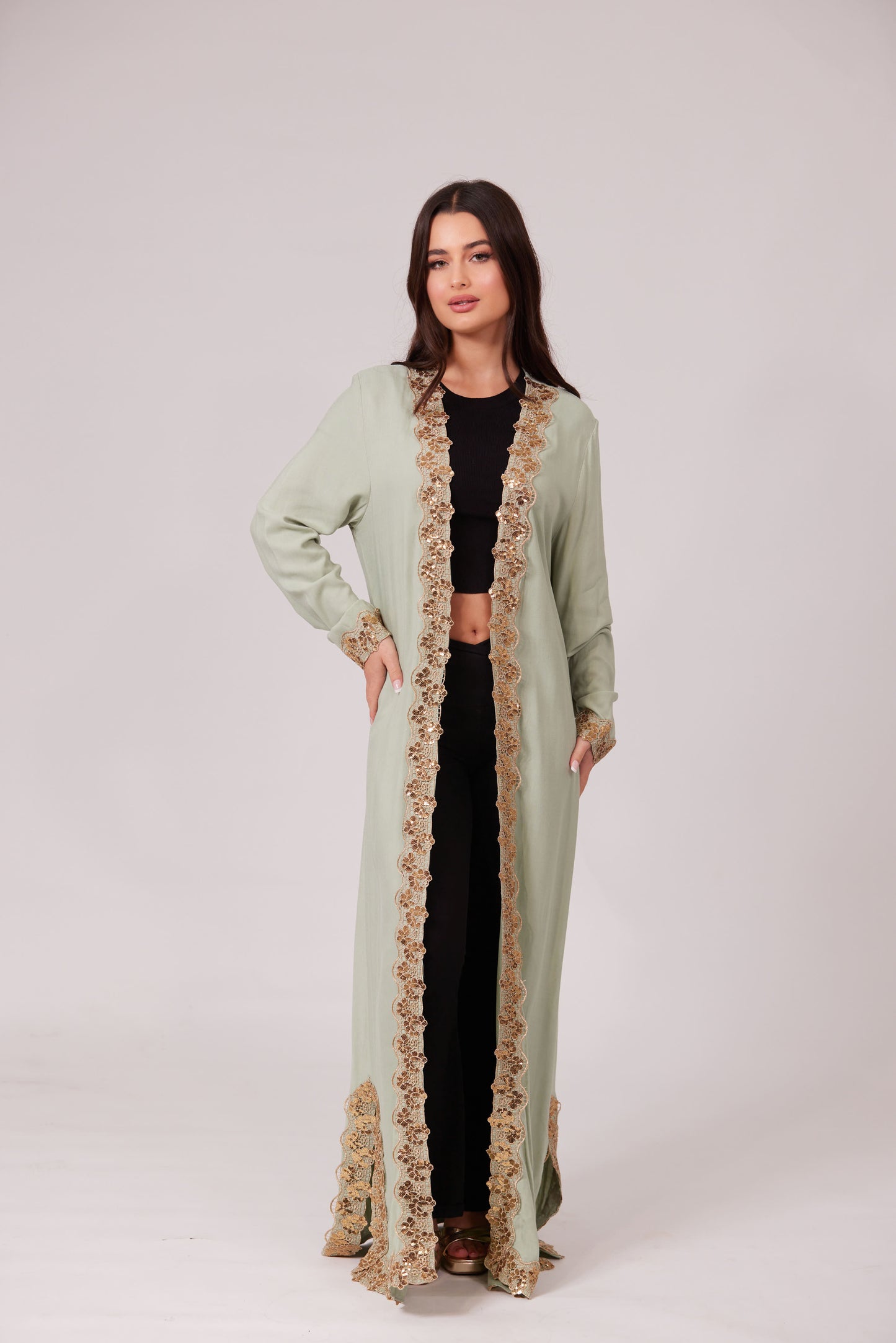 ALEEYAH MINT GREEN BELTED KIMONO WITH GOLD EMBROIDERY