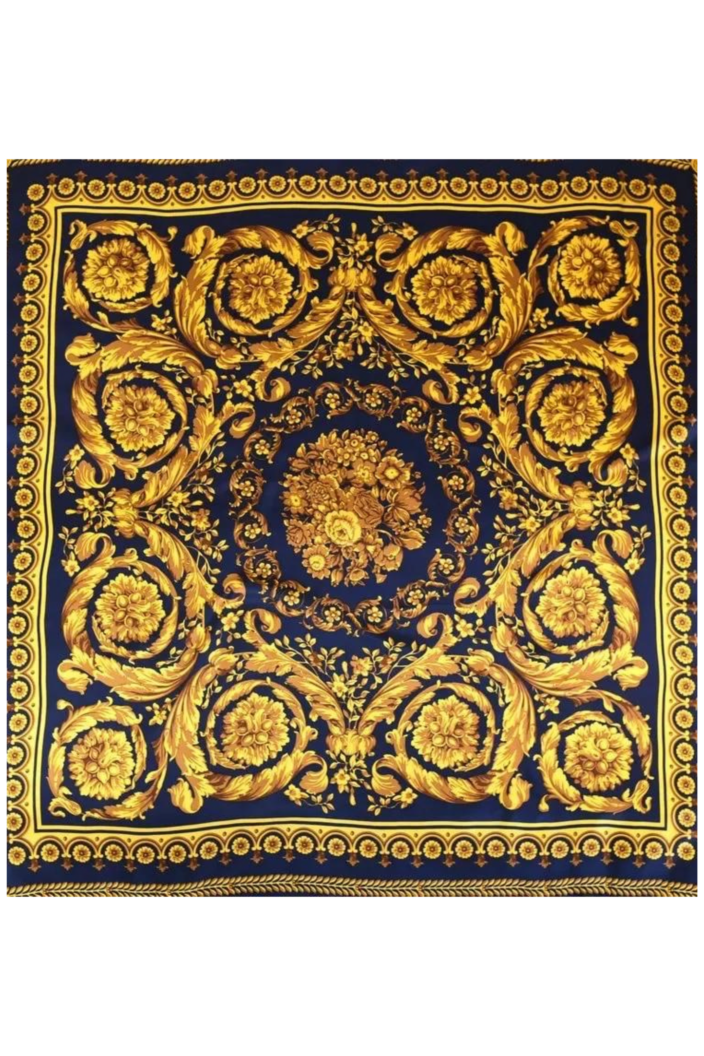 BAROQUE GOLD PRINT IN DARK BLUE SILK SCARF