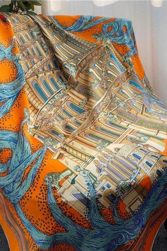 FOULARD EN SOIE IMPRIMÉ BAROQUE DÉTAILS BLEU ORANGE