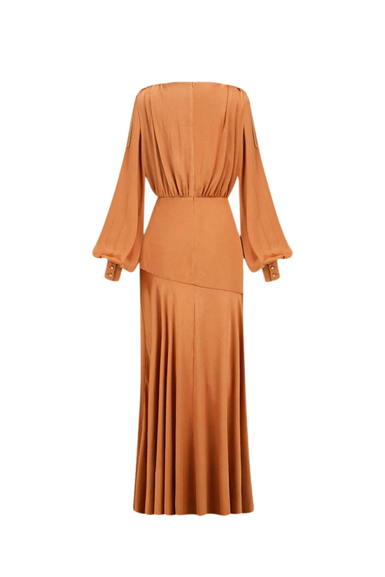 SABRINA GOLDEN CARAMEL V-Neck Slit Maxi Dress