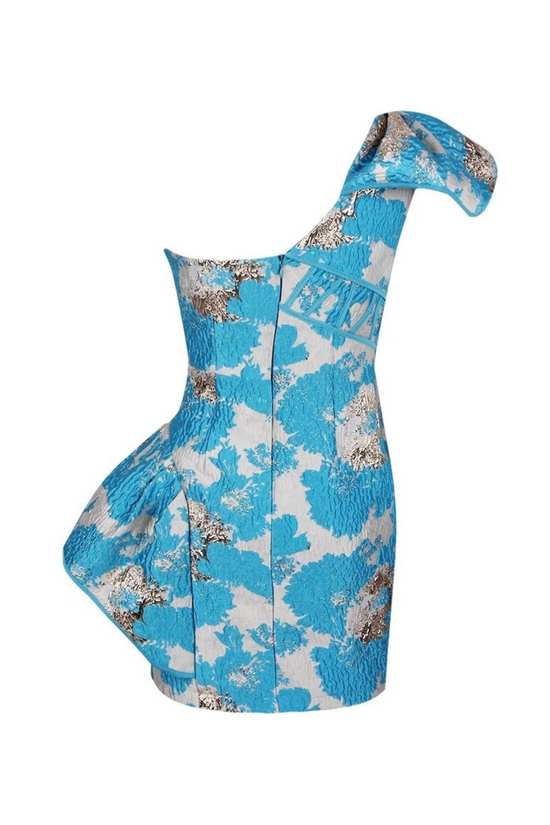 REBECCA ONE SHOULDER JACQUARD BLUE MINI DRESS