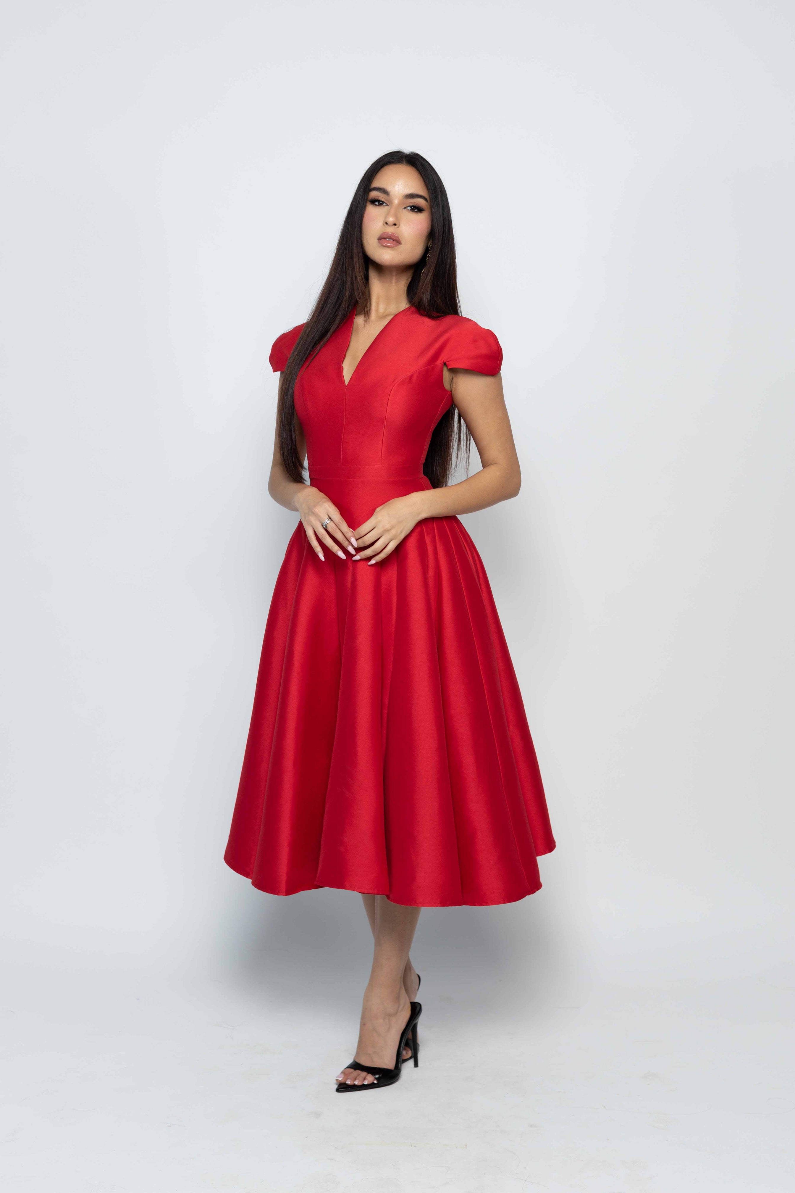 CELINE RUBY RED MIDI DRESS – Mateeno