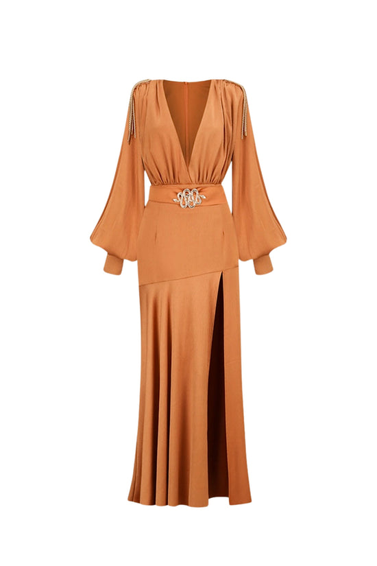 SABRINA GOLDEN CARAMEL V-Neck Slit Maxi Dress