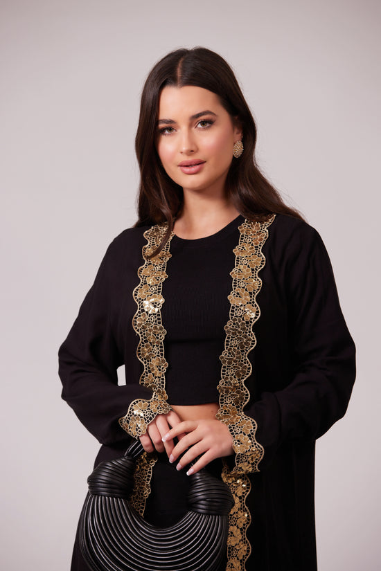 ALEEYAH BLACK  BELTED KIMONO WITH GOLD EMBROIDERY