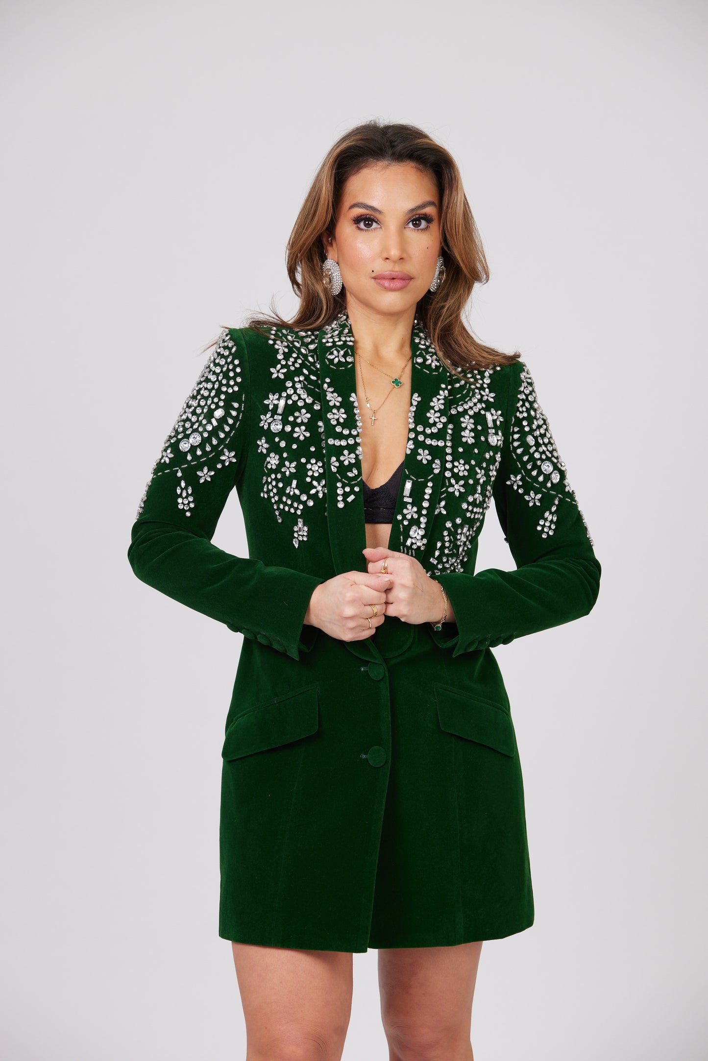 ESMERALDA GREEN CRYSTAL EMBELLISHED VELOUR BLAZER DRESS / LIMITED EDIT Mateeno ESMERALDA GREEN CRYSTAL EMBELLISHED VELOUR BLAZER DRESS / LIMITED EDIT Mateeno