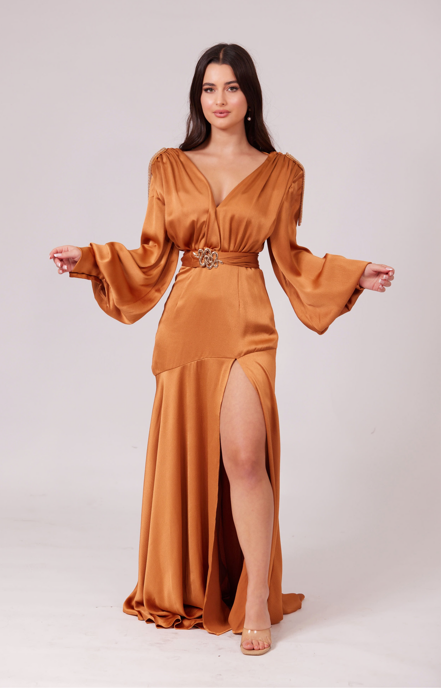 SABRINA GOLDEN CARAMEL V-Neck Slit Maxi Dress