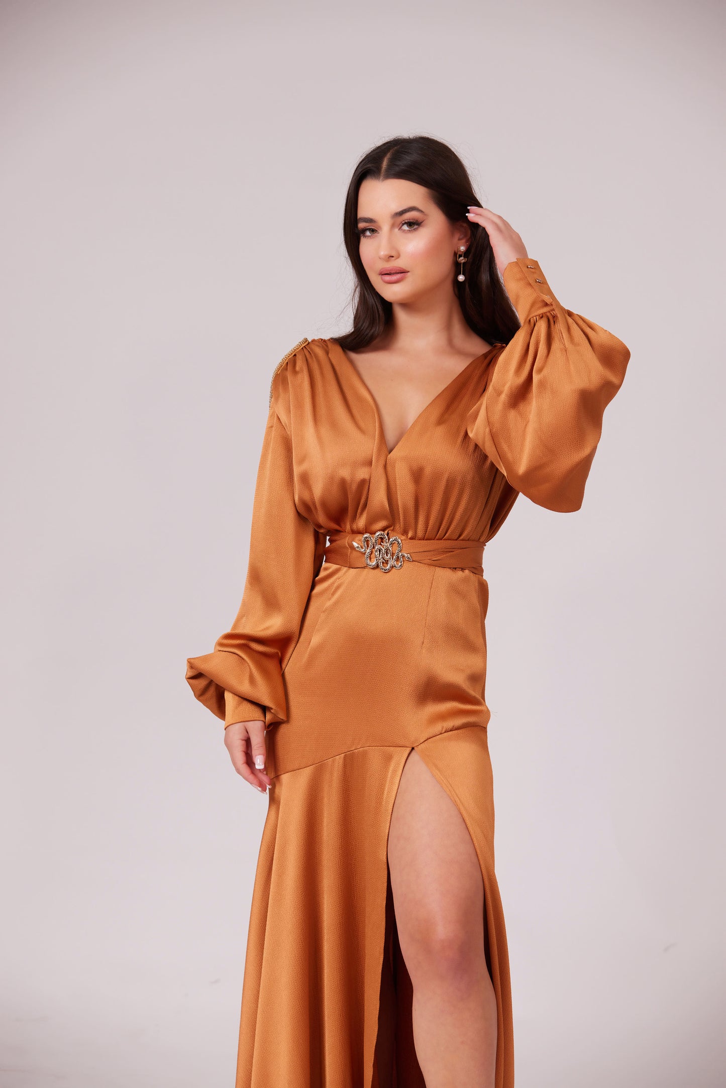 SABRINA GOLDEN CARAMEL V-Neck Slit Maxi Dress