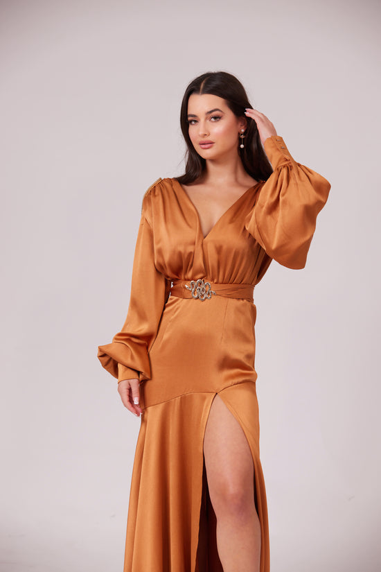 SABRINA GOLDEN CARAMEL V-Neck Slit Maxi Dress