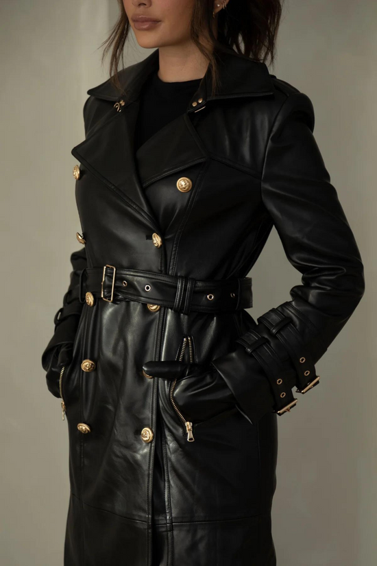 BLAKE VEGAN LEATHER GOLD BUTTON TRENCH