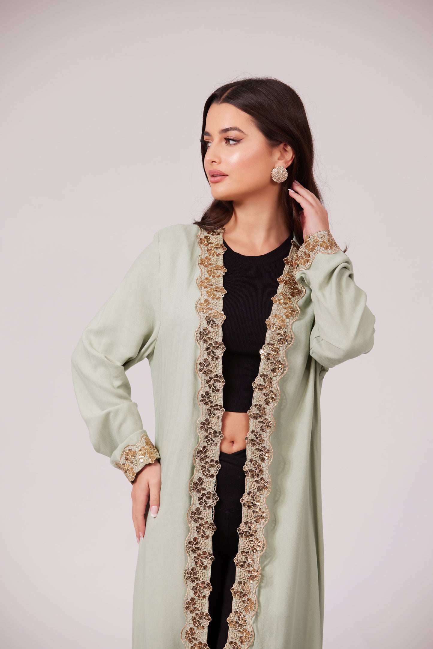 ALEEYAH MINT GREEN BELTED KIMONO WITH GOLD EMBROIDERY