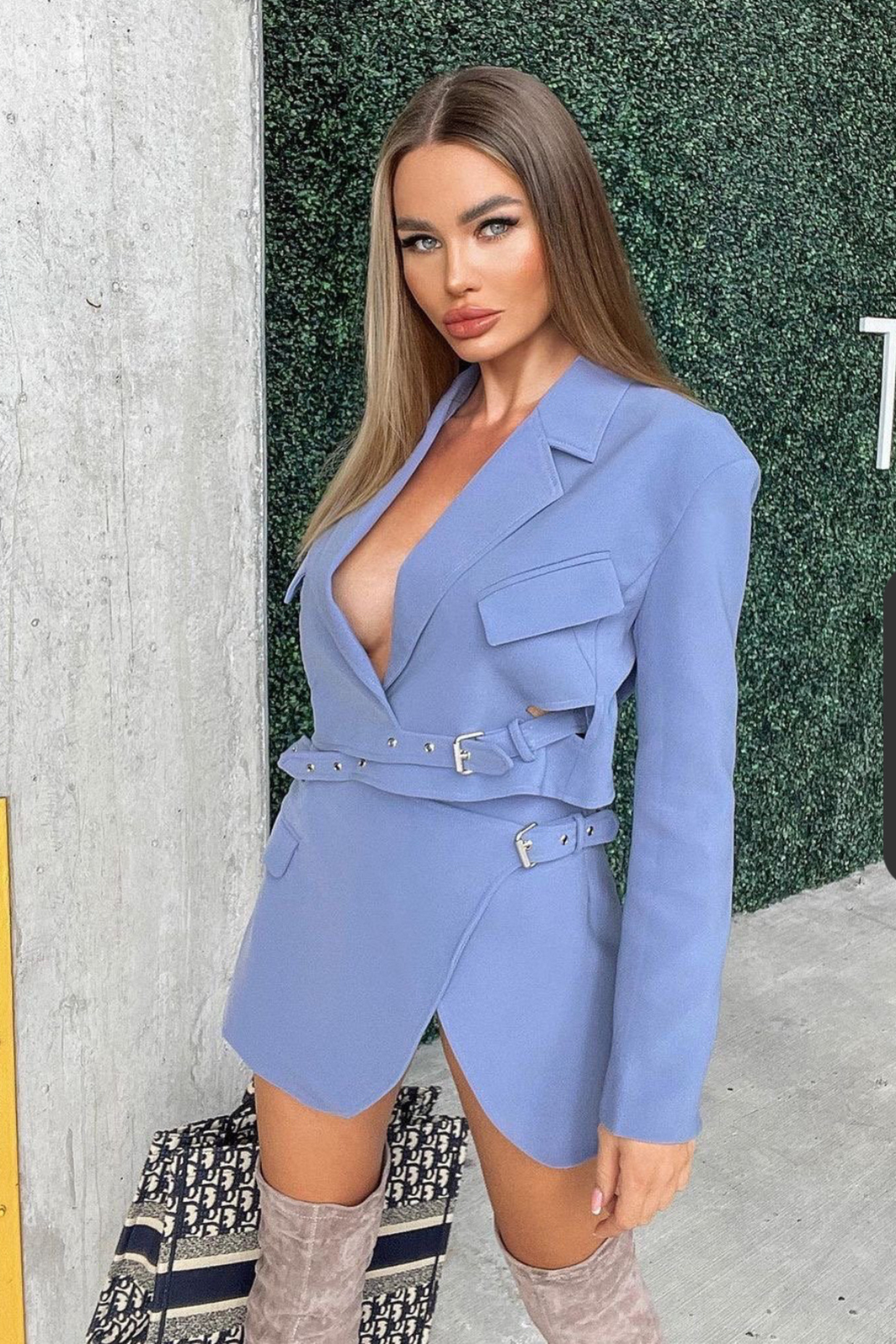 MIRANDA CROP BUCKLE BLUE JACKET AND MATCHING MINI SKIRT