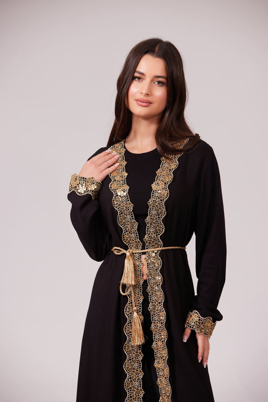 ALEEYAH BLACK  BELTED KIMONO WITH GOLD EMBROIDERY