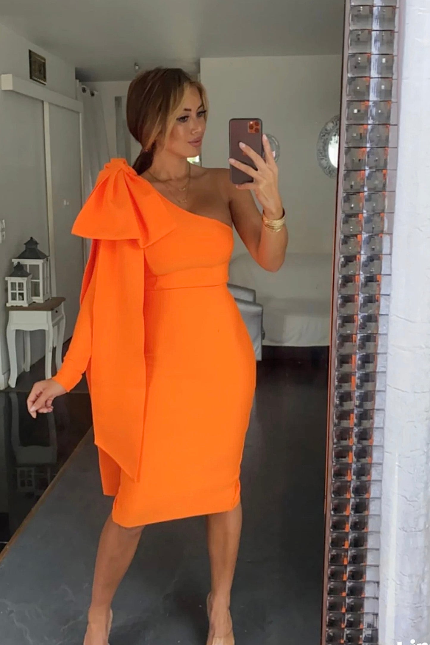 MONROE ORANGE ONE OFF SHOULDER MIDI DRESS Mateeno