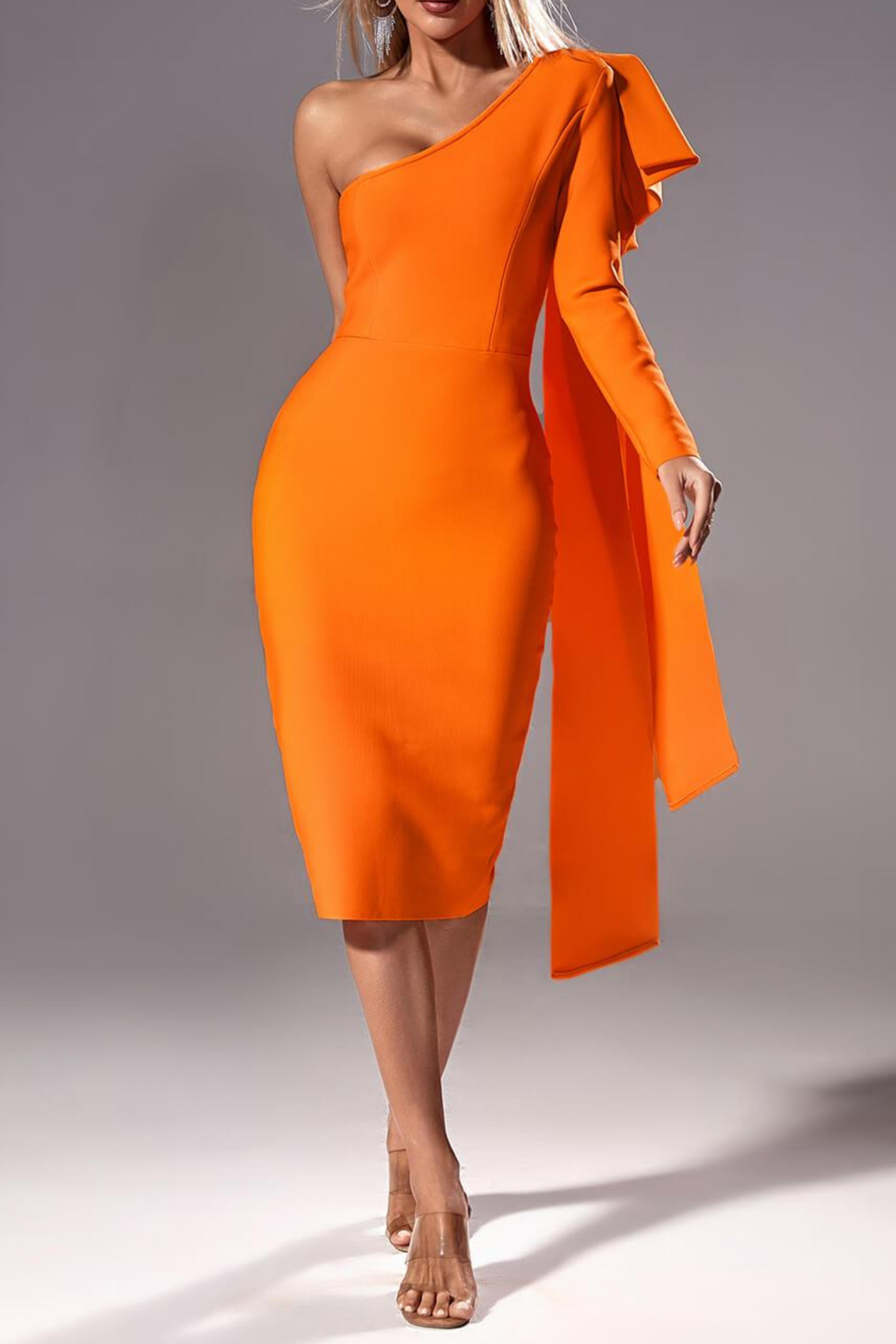 MONROE ORANGE ONE OFF SHOULDER MIDI DRESS Mateeno