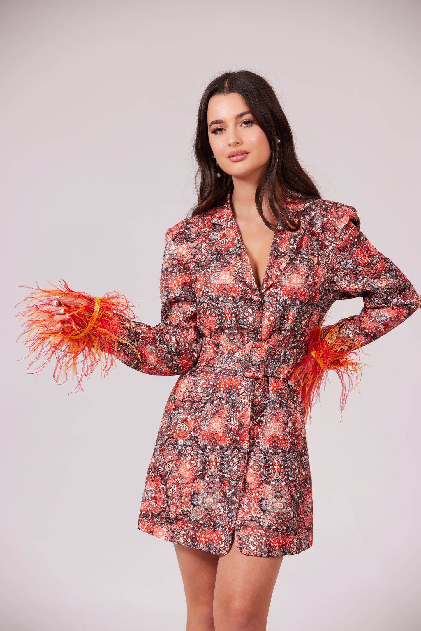 KARA BLAZER DRESS WITH FEATHERED ACCENTS