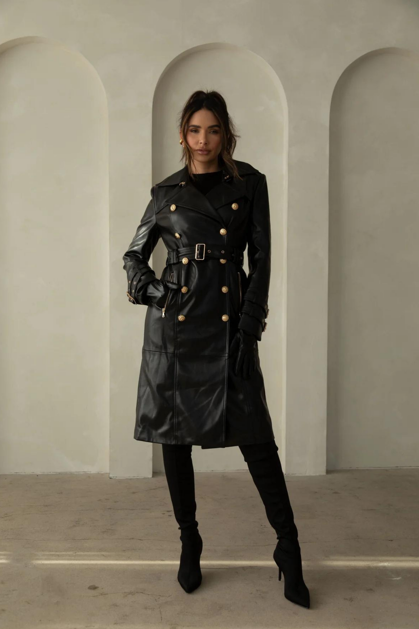 BLAKE VEGAN LEATHER GOLD BUTTON TRENCH