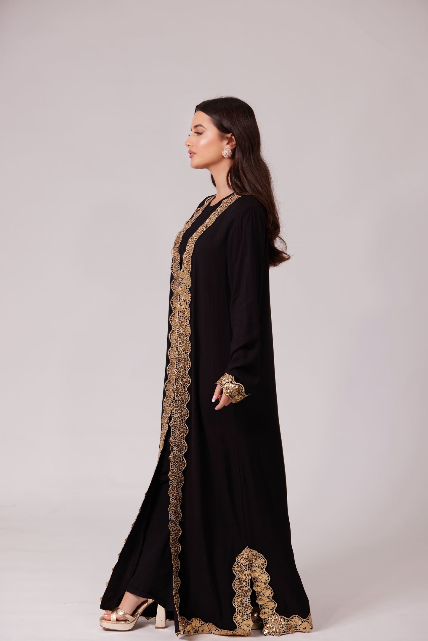 ALEEYAH BLACK  BELTED KIMONO WITH GOLD EMBROIDERY