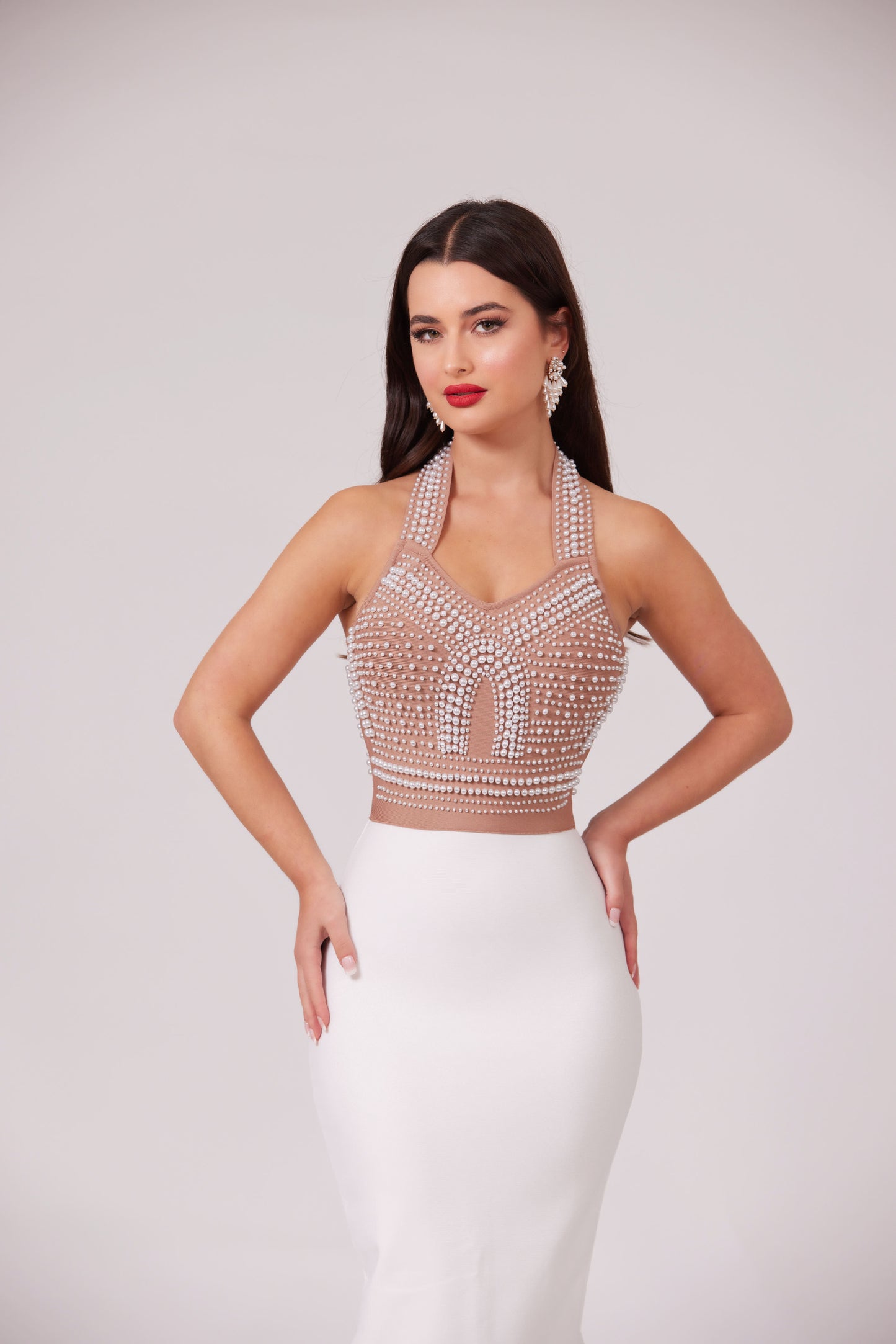 ARIANA HALTER NECK PEARLS BANDAGE DRESS