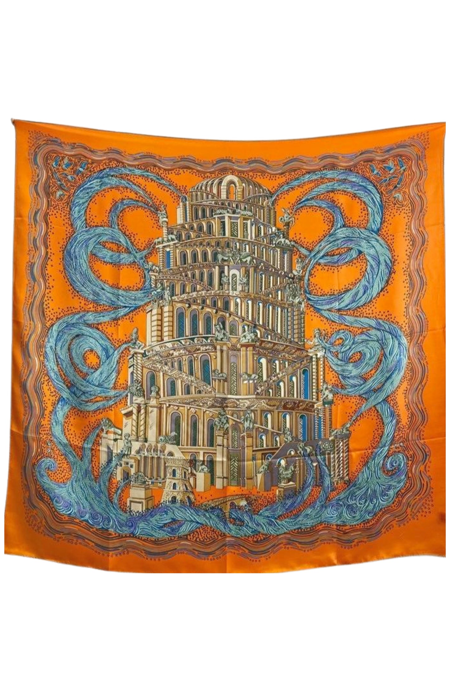 FOULARD EN SOIE IMPRIMÉ BAROQUE DÉTAILS BLEU ORANGE