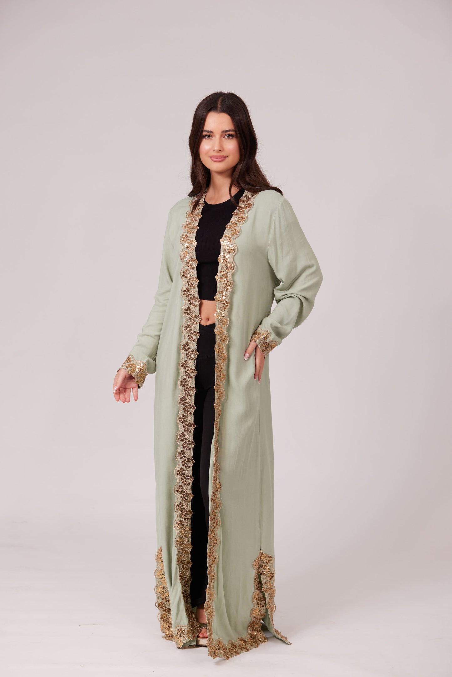 ALEEYAH MINT GREEN BELTED KIMONO WITH GOLD EMBROIDERY