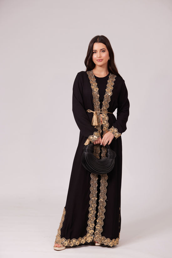 ALEEYAH BLACK  BELTED KIMONO WITH GOLD EMBROIDERY