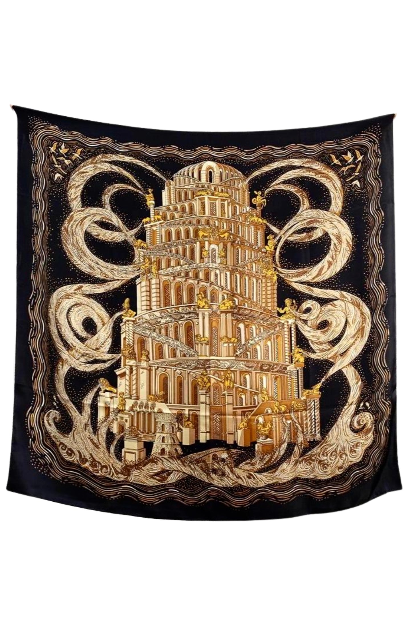 FOULARD EN SOIE IMPRIMÉ BAROQUE DÉTAILS DORÉS SUR CARRÉ NOIR