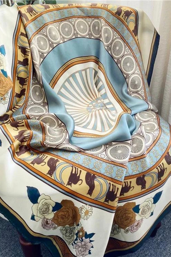 BAROQUE PRINT SILK SCARF CREAM & BLUE  DETAILS