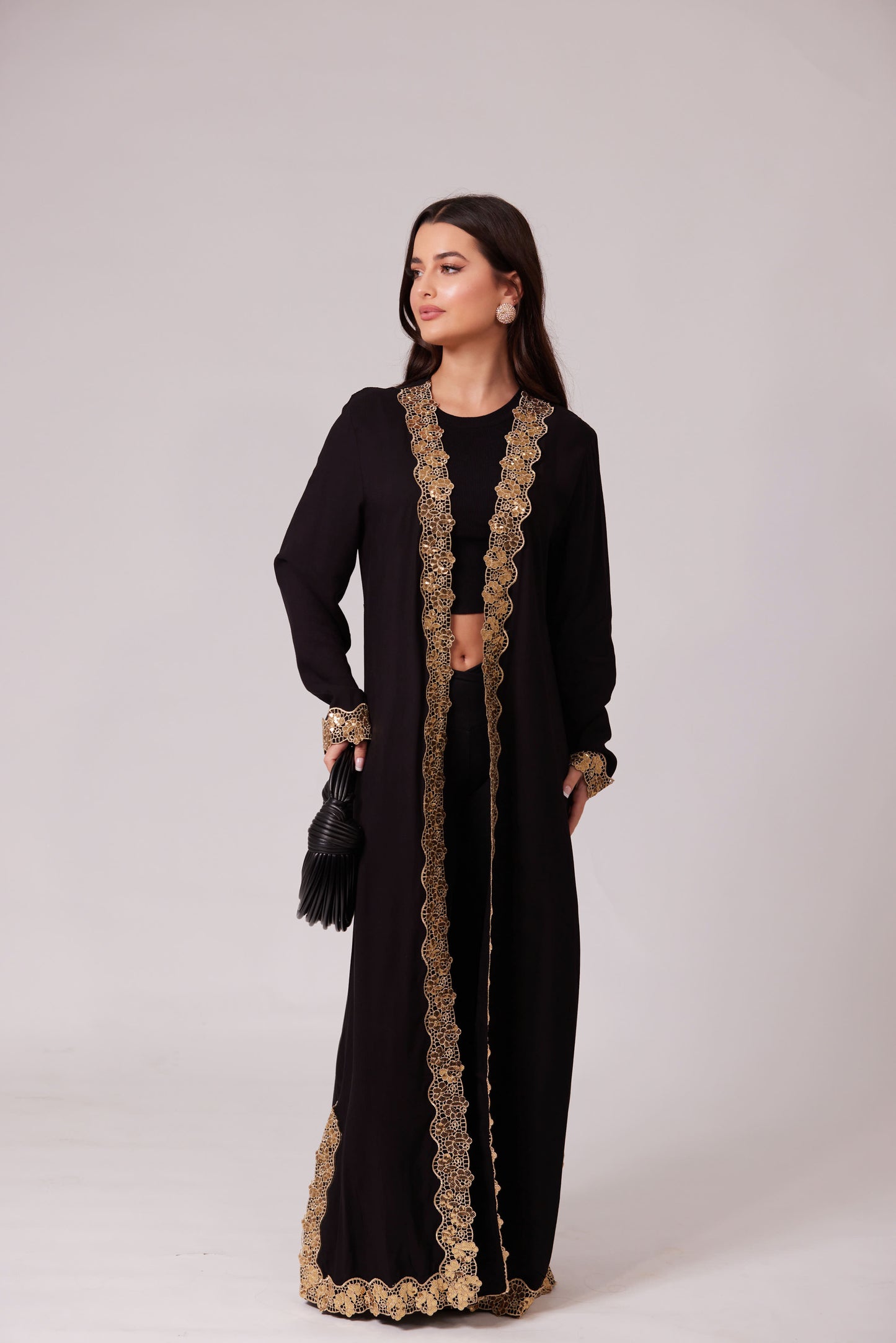 ALEEYAH BLACK  BELTED KIMONO WITH GOLD EMBROIDERY