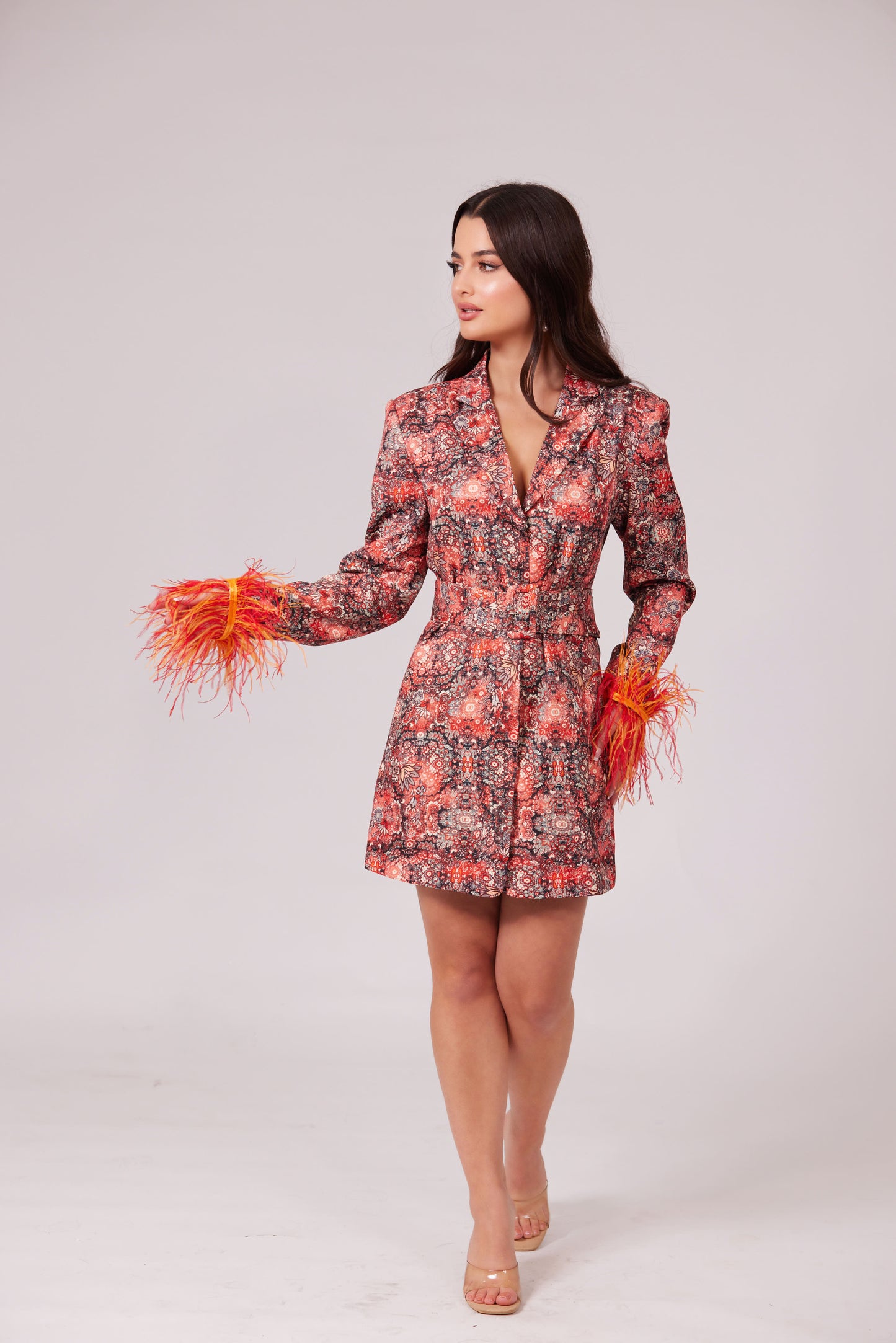 KARA BLAZER DRESS WITH FEATHERED ACCENTS