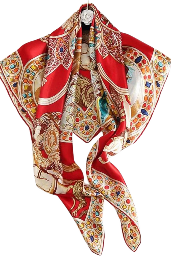 FOULARD ROUGE EN SOIE IMPRIMÉ BAROQUE AVEC DÉTAILS DORÉS