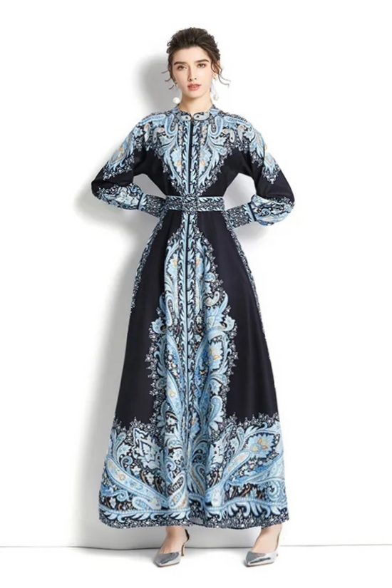 Load image into Gallery viewer, DARK BLUE  PORCELAIN  BELTED PRINT MAXI DRESS / KIMONO
