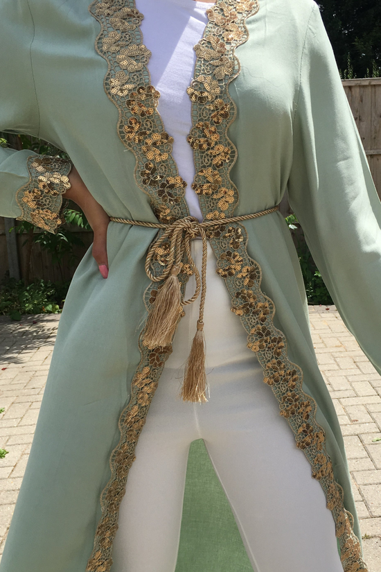 ALEEYAH BELTED KIMONO WITH GOLD EMBROIDERY