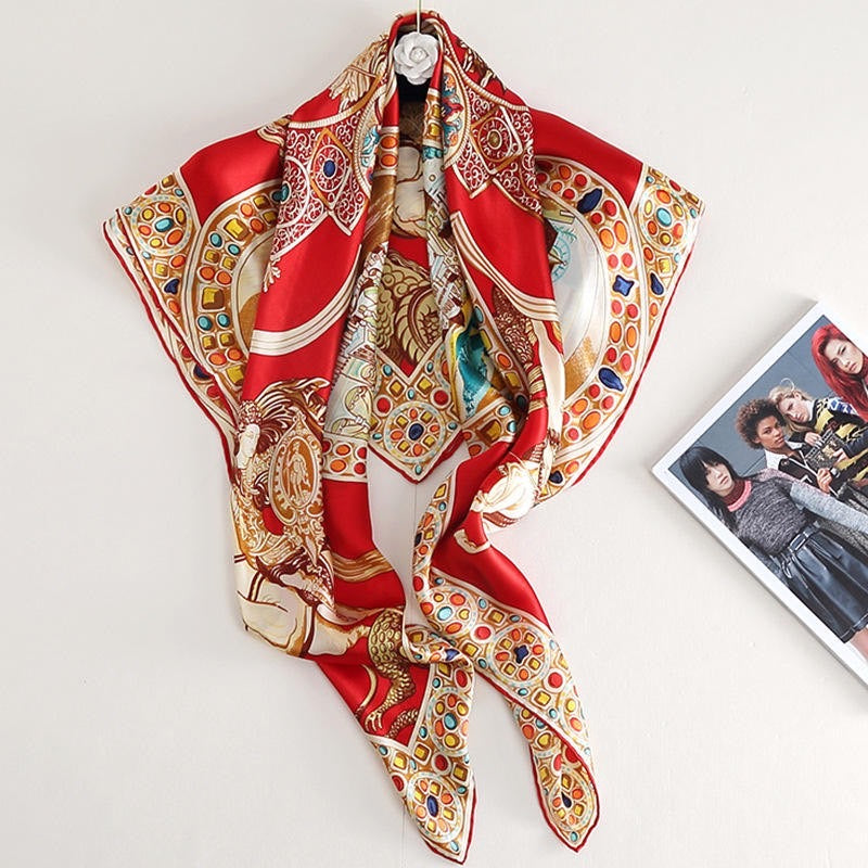 BAROQUE PRINT SILK RED SCARF WITH GOLD DETAILS