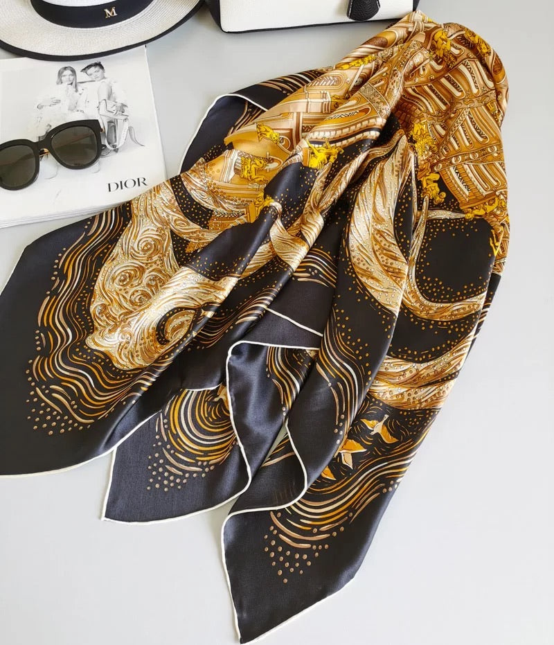 Load image into Gallery viewer, BAROQUE PRINT SILK SCARF GOLD  DETAILS ON BLACK SQUARE
