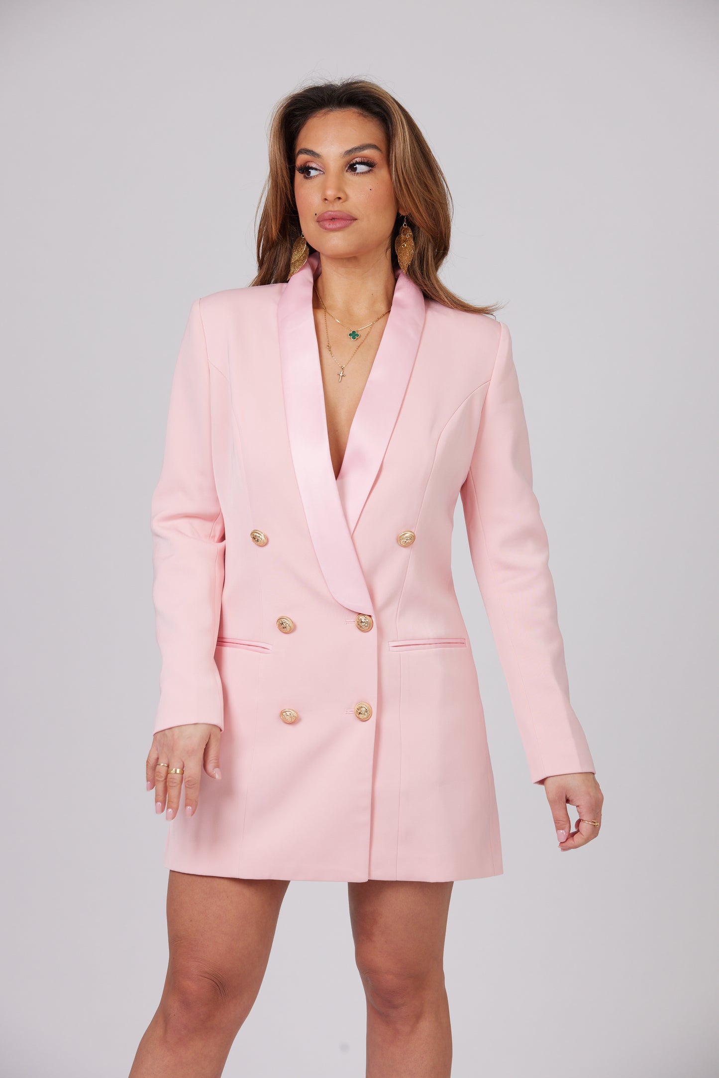 PINK SATIN COLLAR BLAZER DRESS WITH GOLD BUTTONS Mateeno PINK SATIN COLLAR BLAZER DRESS WITH GOLD BUTTONS Mateeno