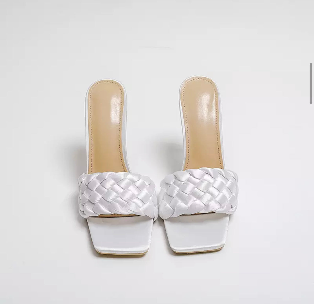Load image into Gallery viewer, WHITE SATIN BRAIDED SQUARE TOE HIGH HEEL SANDALS
