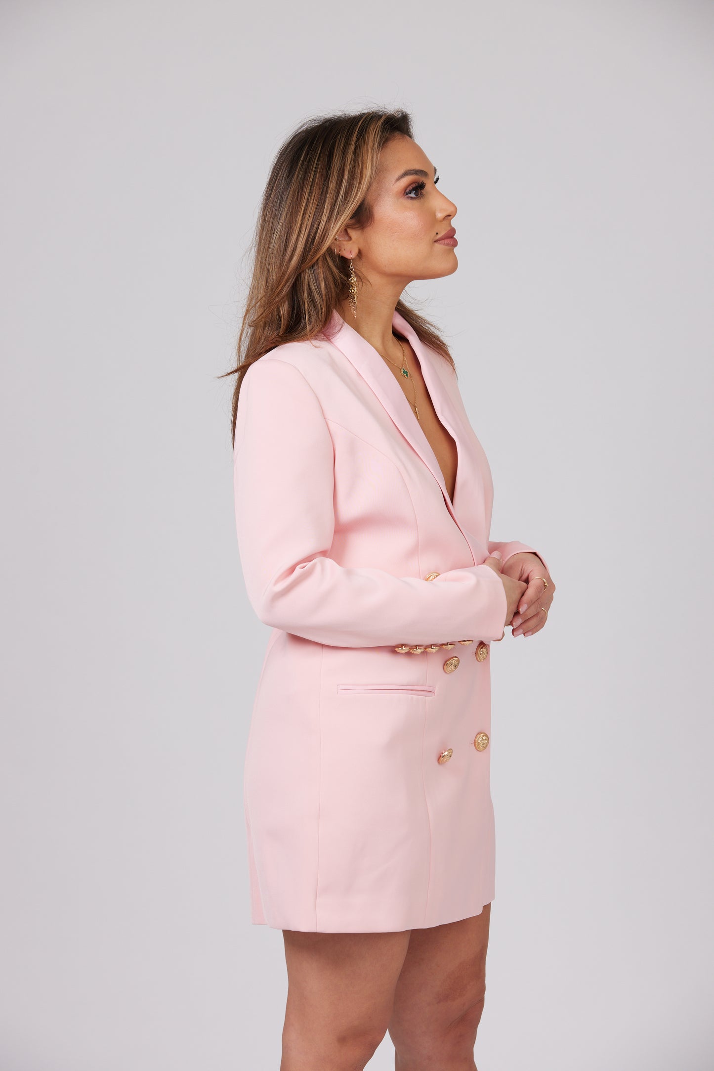 PINK SATIN COLLAR BLAZER DRESS WITH GOLD BUTTONS MATEENO PINK SATIN COLLAR BLAZER DRESS WITH GOLD BUTTONS MATEENO
