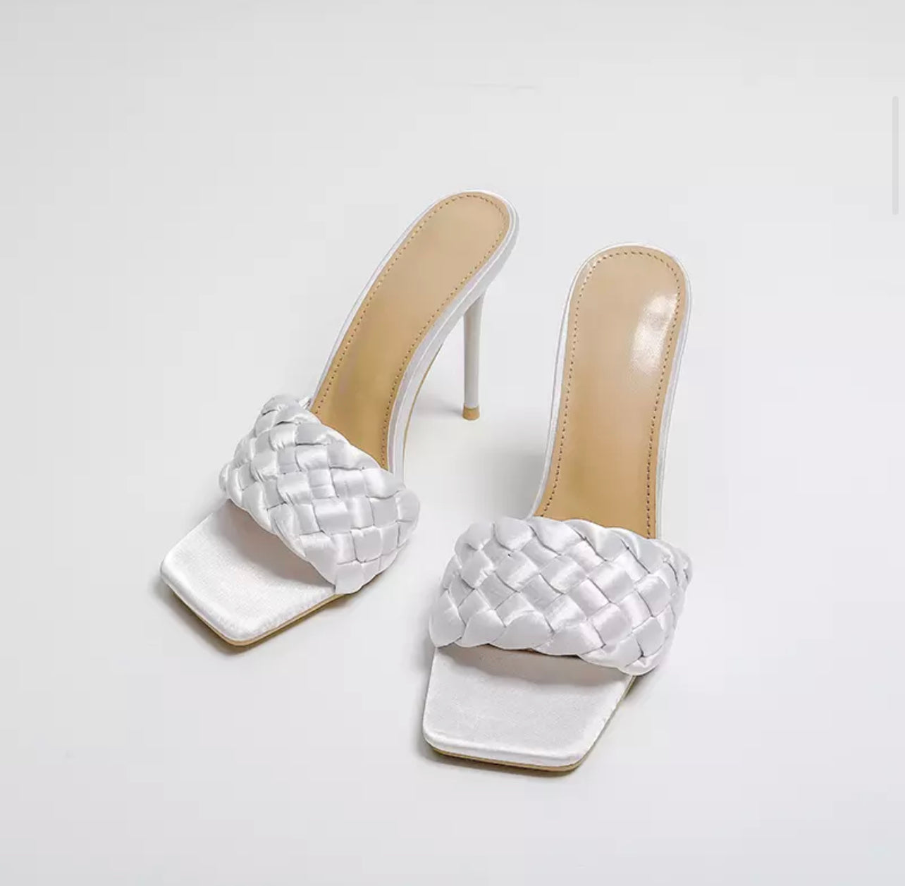 Load image into Gallery viewer, WHITE SATIN BRAIDED SQUARE TOE HIGH HEEL SANDALS
