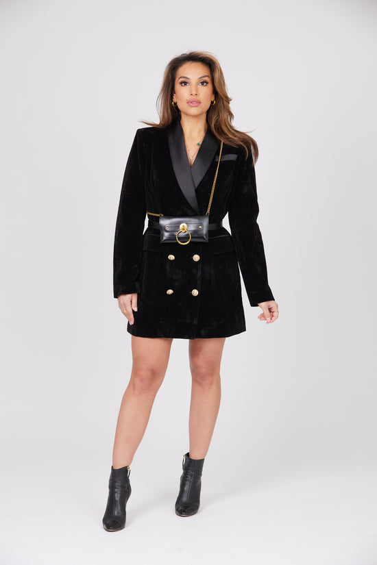 Load image into Gallery viewer, STASSY BLACK VELOUR JACKET WITH MATCHING BELTED BAG
