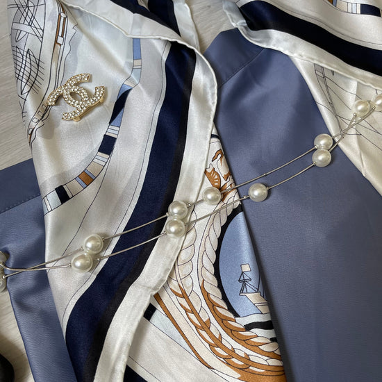 Load image into Gallery viewer, BAROQUE PRINT SILK SCARF WHITE &amp;amp; BLUE  DETAILS
