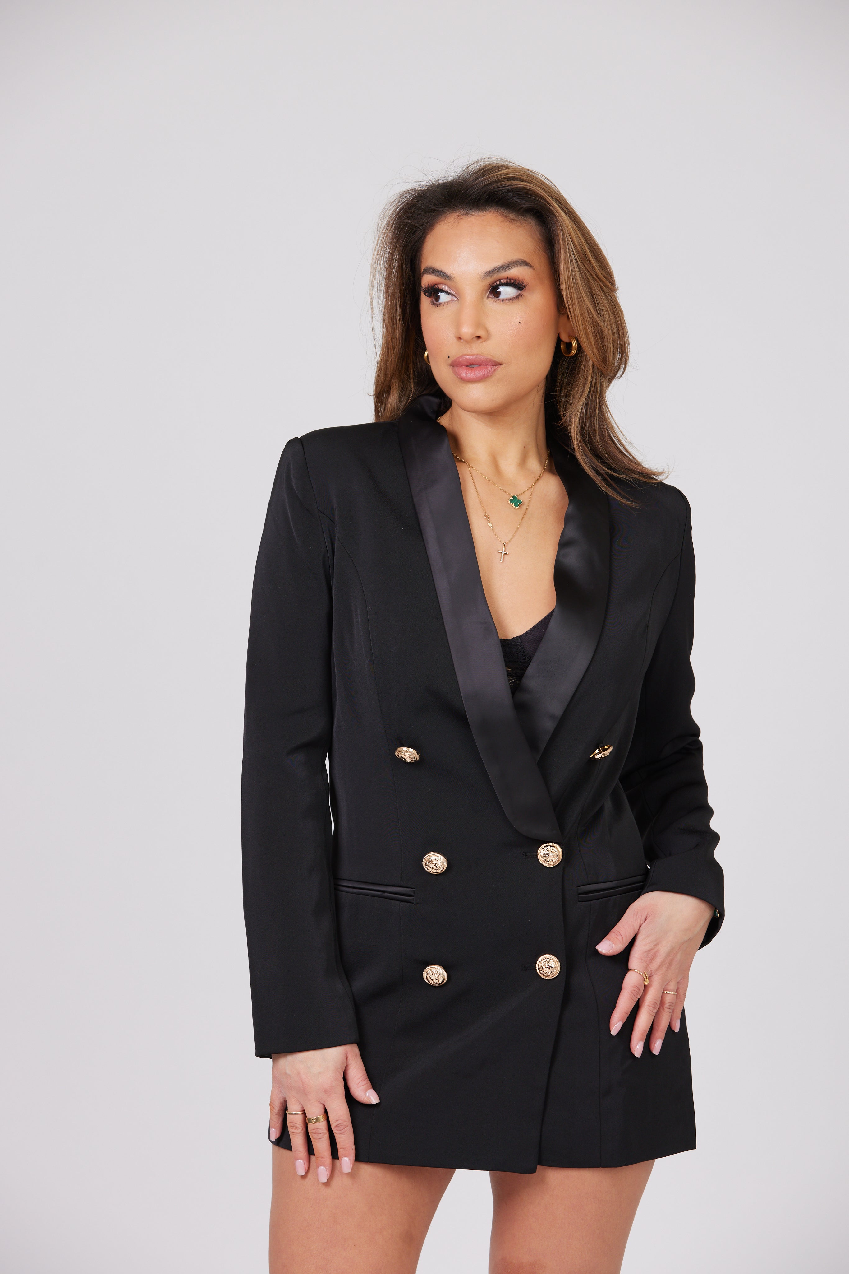 Button-Front Satin Mini Blazer Dress