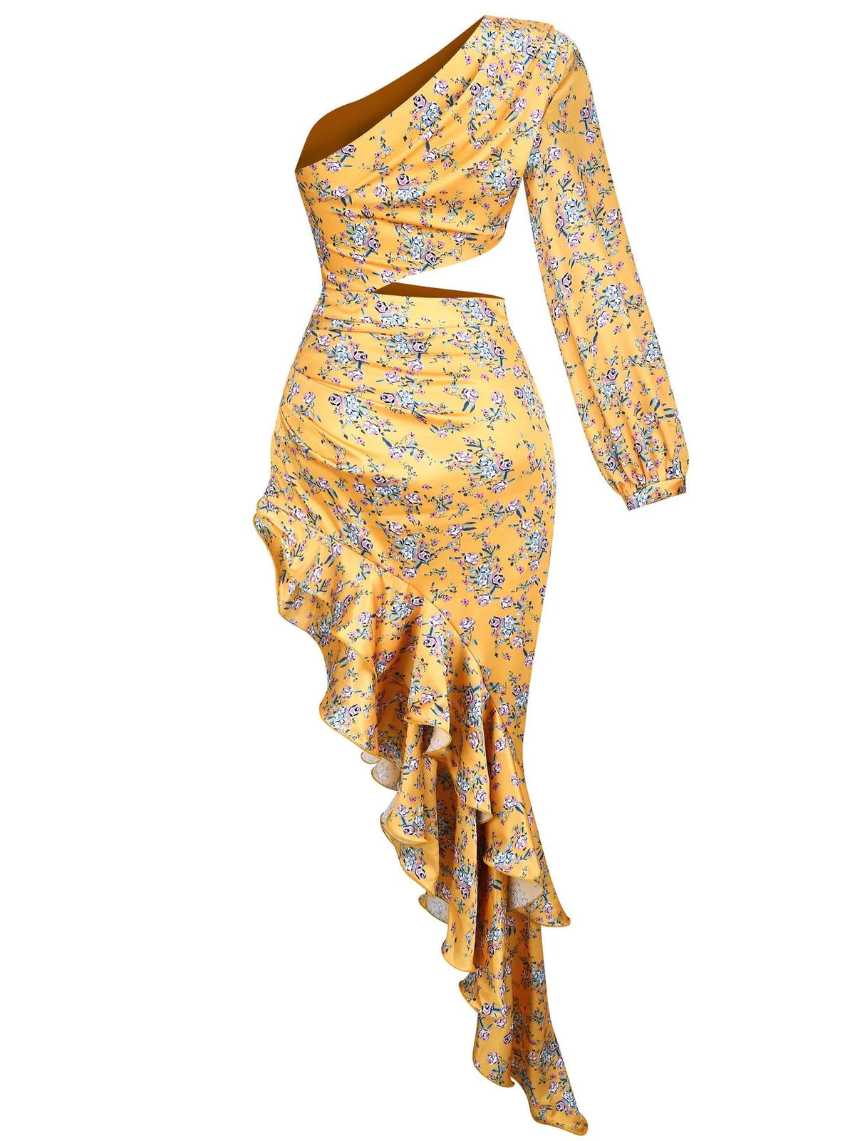 ROMI YELLOW ONE SHOULDER FLORAL MAXI DRESS
